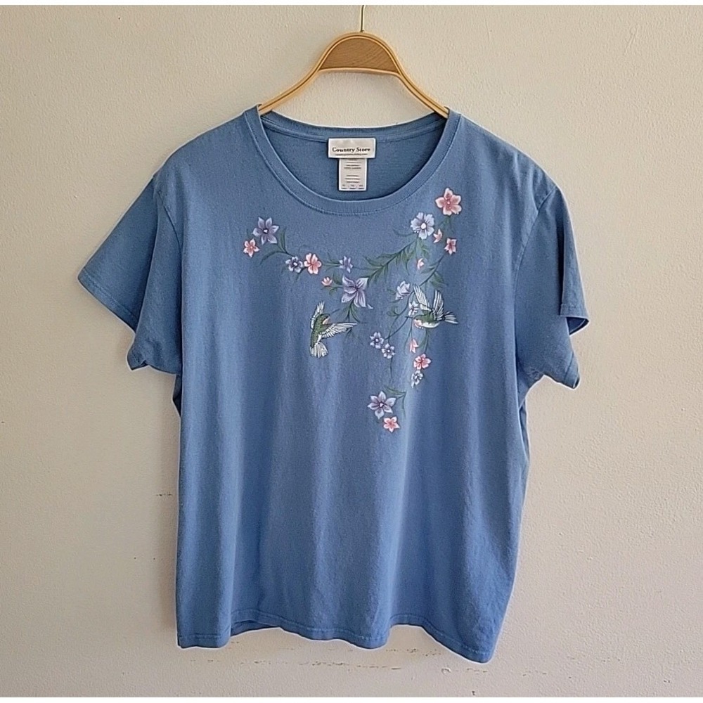 Country Store Graphic T Shirt XL Blue Hummingbird Floral Cottagecore Farmhouse